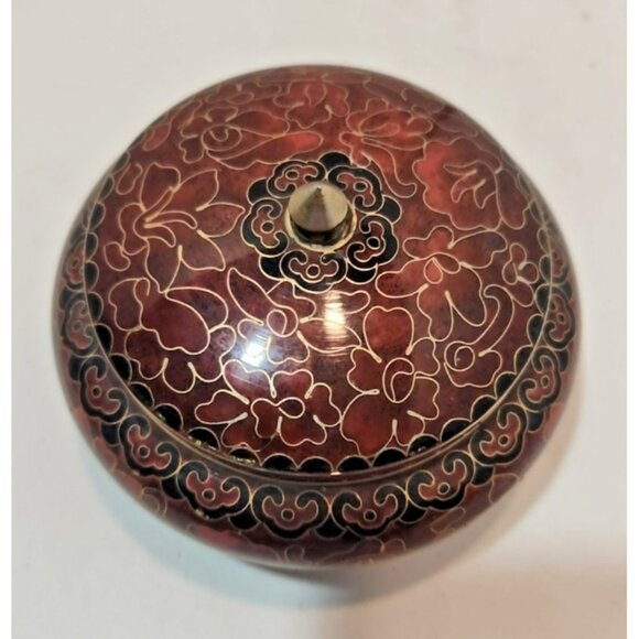 Vintage Chinese Cloisonne Brass Enamel Floral Trinket Dish  Vtg Chinese Cloisonne Enamel on Brass Handpainted Round Trinket Dish with Lid